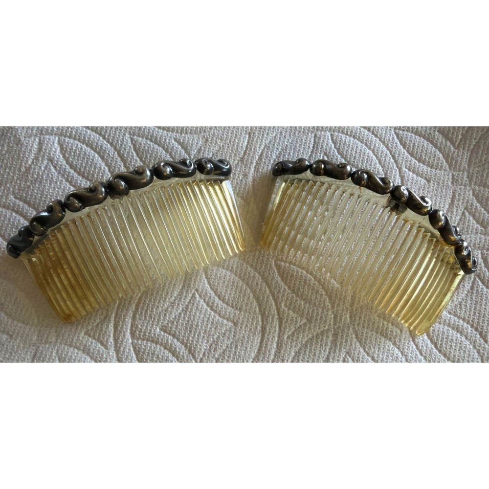 Vintage (2) Mexico 925 Sterling Silver Acrylic Boho Chic Hippie Hair Combs